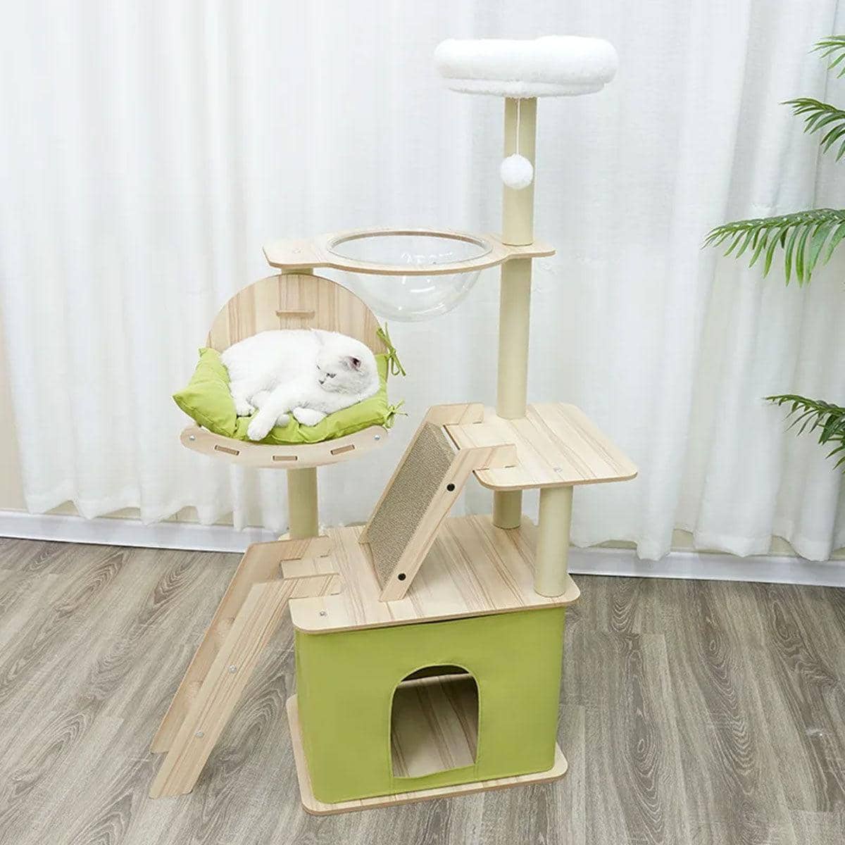Wooden Cat Tree with Viewing Capsule and Cushioned Bed, 140 cm - view 4