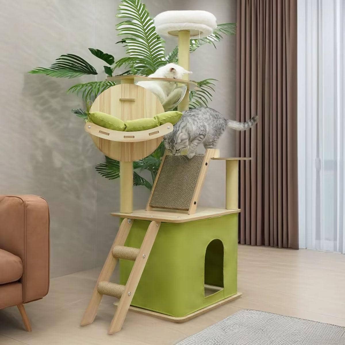 Wooden Cat Tree with Viewing Capsule and Cushioned Bed, 140 cm - view 5