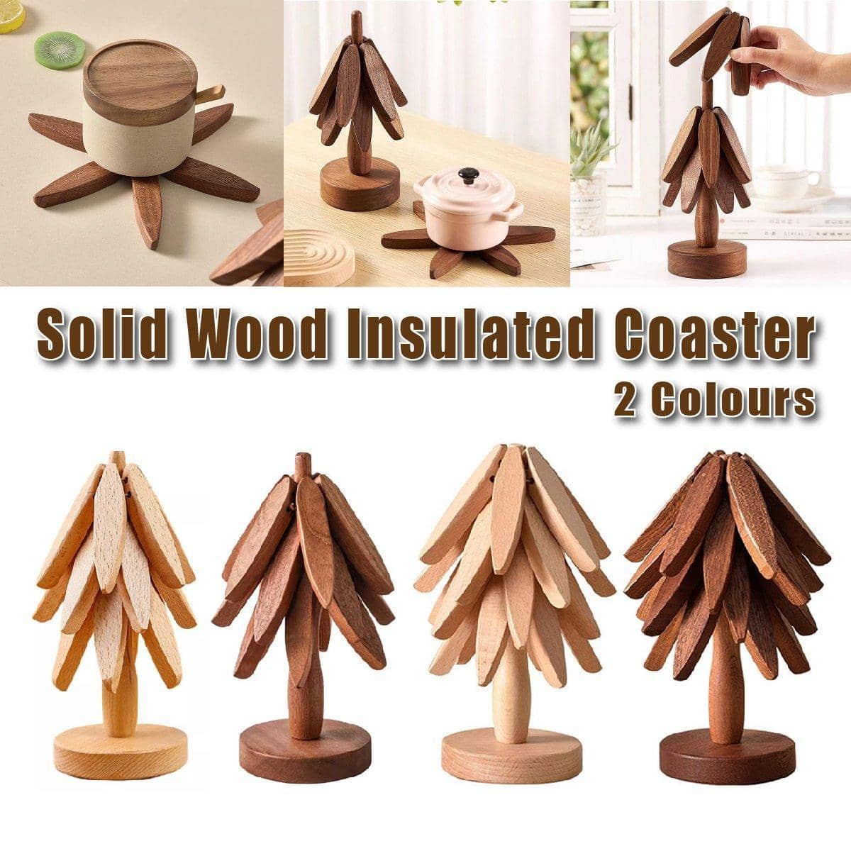 Wooden Christmas Tree Trivet for Hot Dishes - Beige, Pack of 3 - view 2