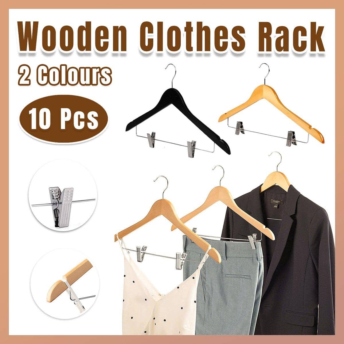 Wooden Clothes Hangers with Non-Slip Clips - Natural Wood, Pack of 10 - view 2