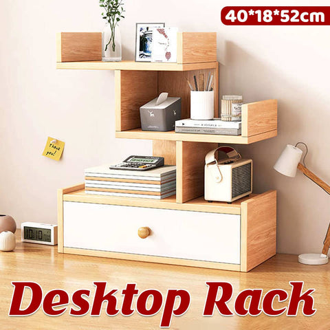 Wooden Desktop Bookshelf with Drawer, Oak Multi Layer Storage Rack for Home Office