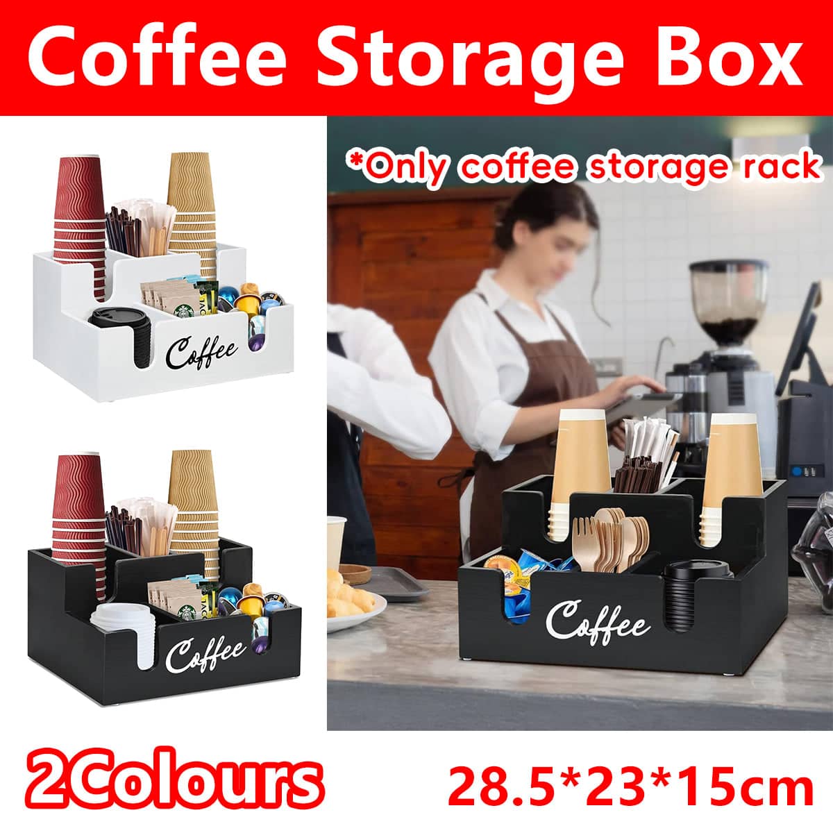 Wooden Desktop Coffee Storage Box Multi-Compartment for Pods, Sugar and Creamer - White - view 2