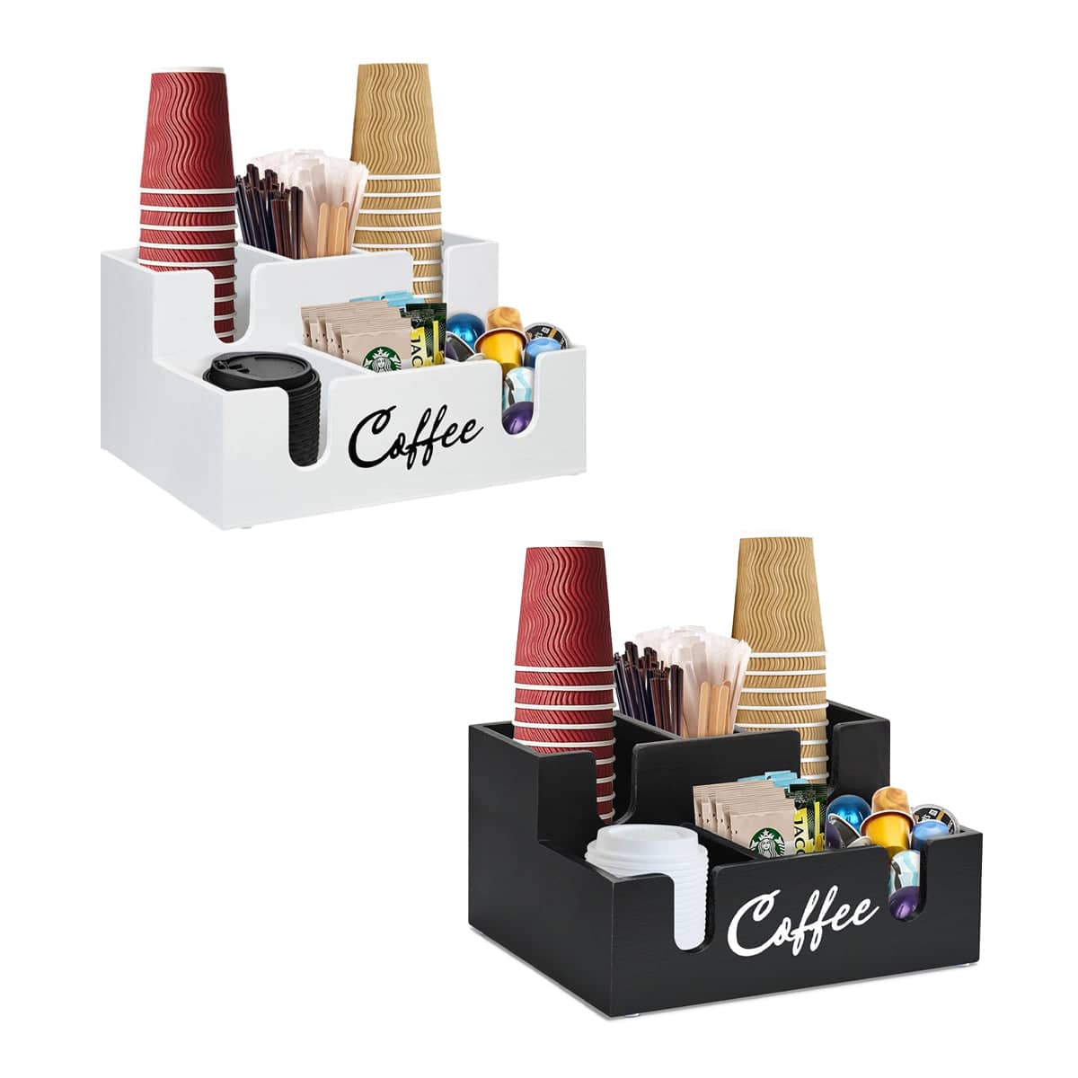 Wooden Desktop Coffee Storage Box Multi-Compartment for Pods, Sugar and Creamer - White - view 3