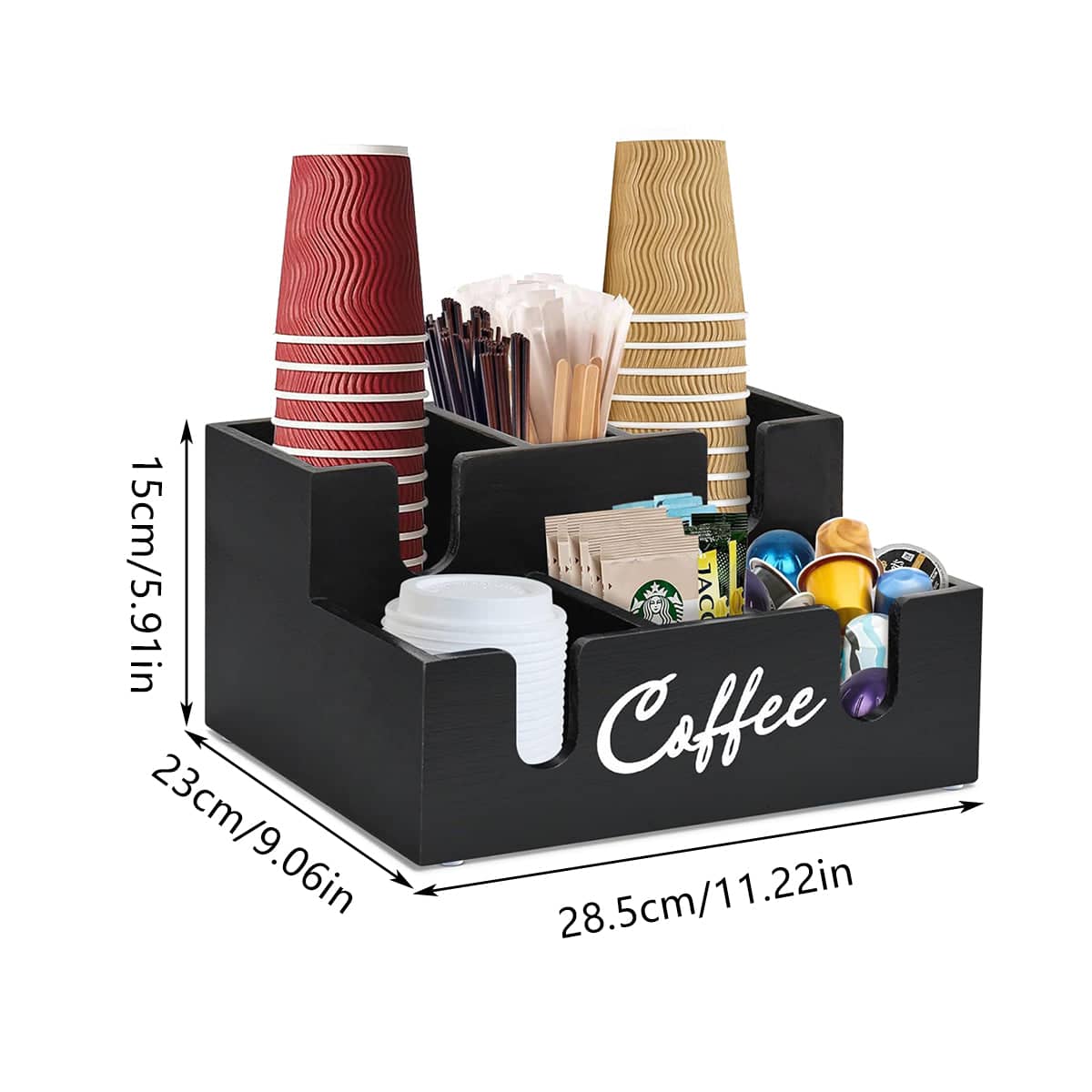 Wooden Desktop Coffee Storage Box Multi-Compartment for Pods, Sugar and Creamer - White - view 4