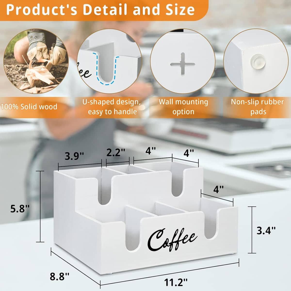 Wooden Desktop Coffee Storage Box Multi-Compartment for Pods, Sugar and Creamer - White - view 5