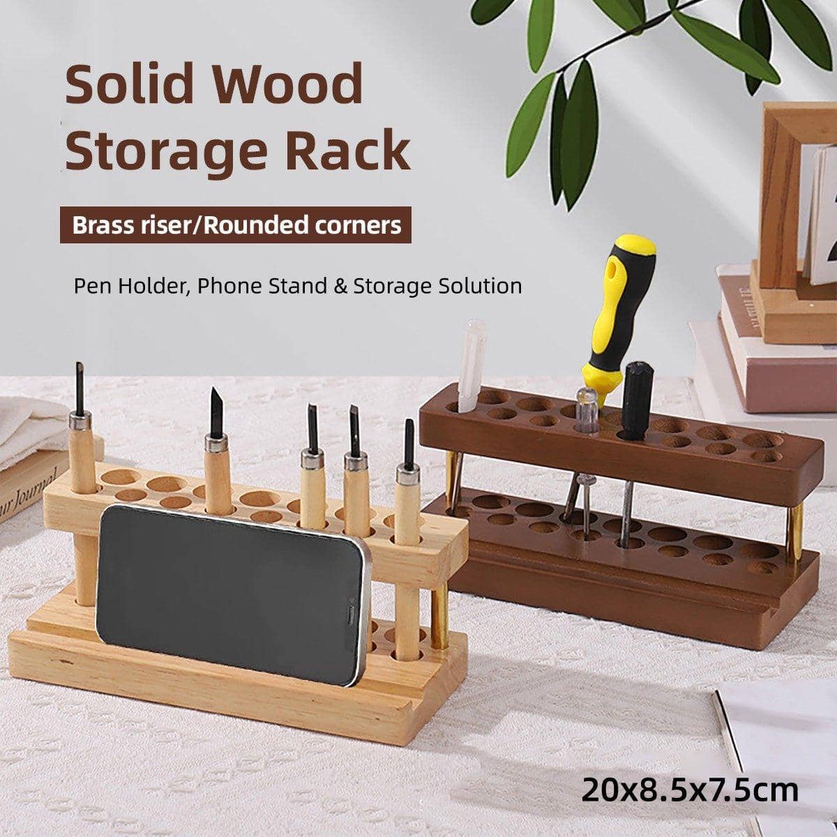 Wooden Desktop Organiser Knife Rack and Phone Stand - Natural Wood - view 2