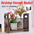 Wooden Desktop Storage Basket with Wire Grid - Rustic 29 x 12 x 23 cm
