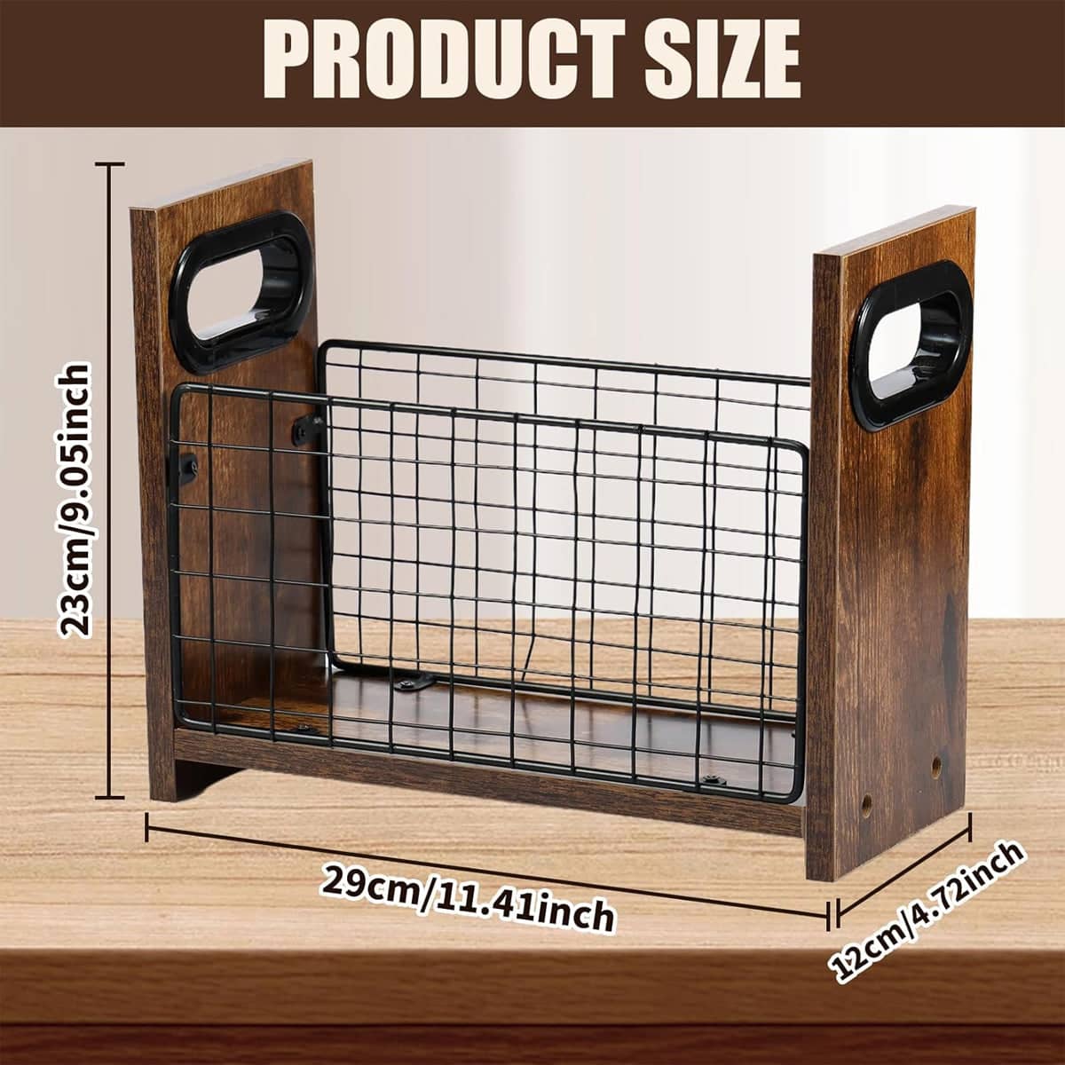 Wooden Desktop Storage Basket with Wire Grid - Rustic 29 x 12 x 23 cm - view 3