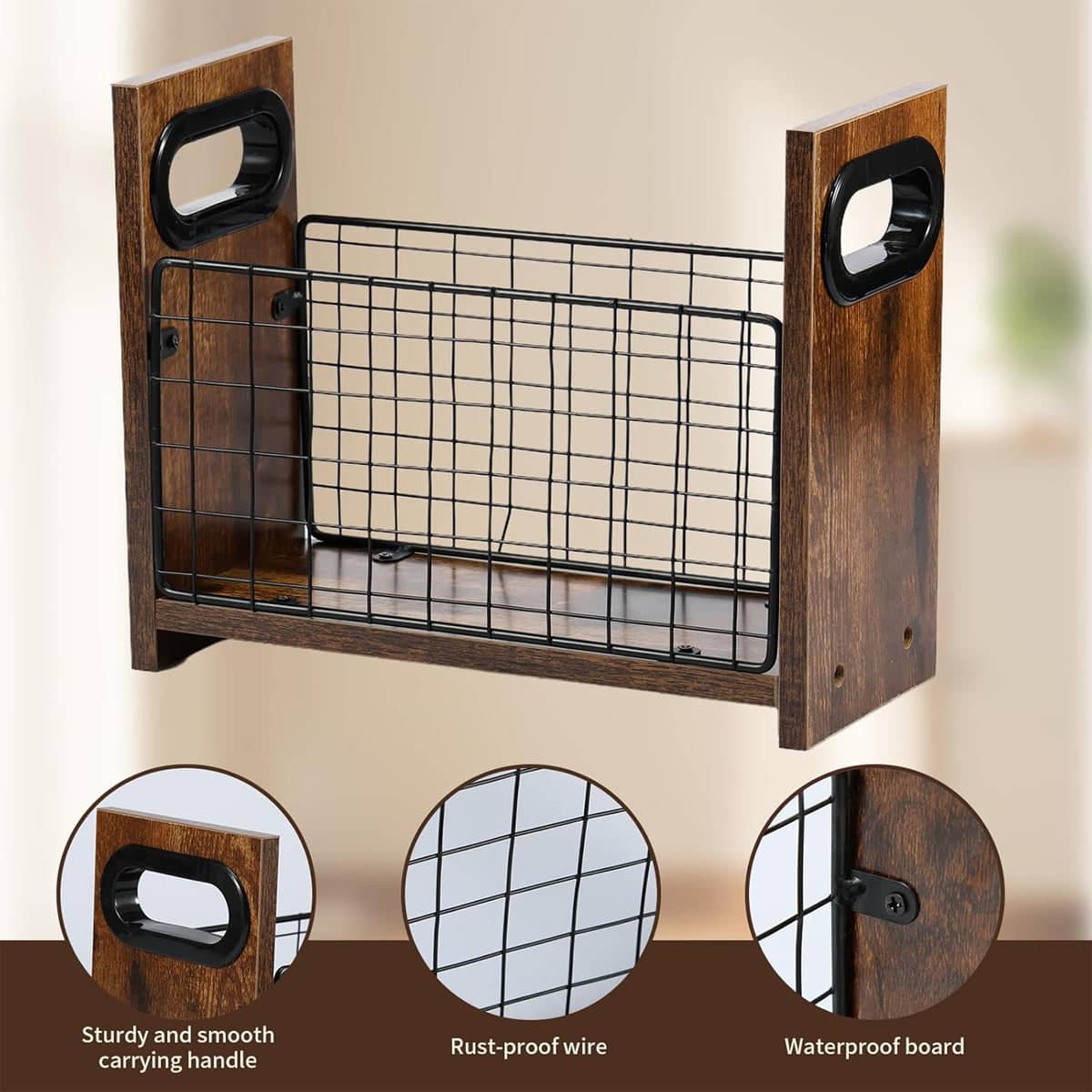 Wooden Desktop Storage Basket with Wire Grid - Rustic 29 x 12 x 23 cm - view 4