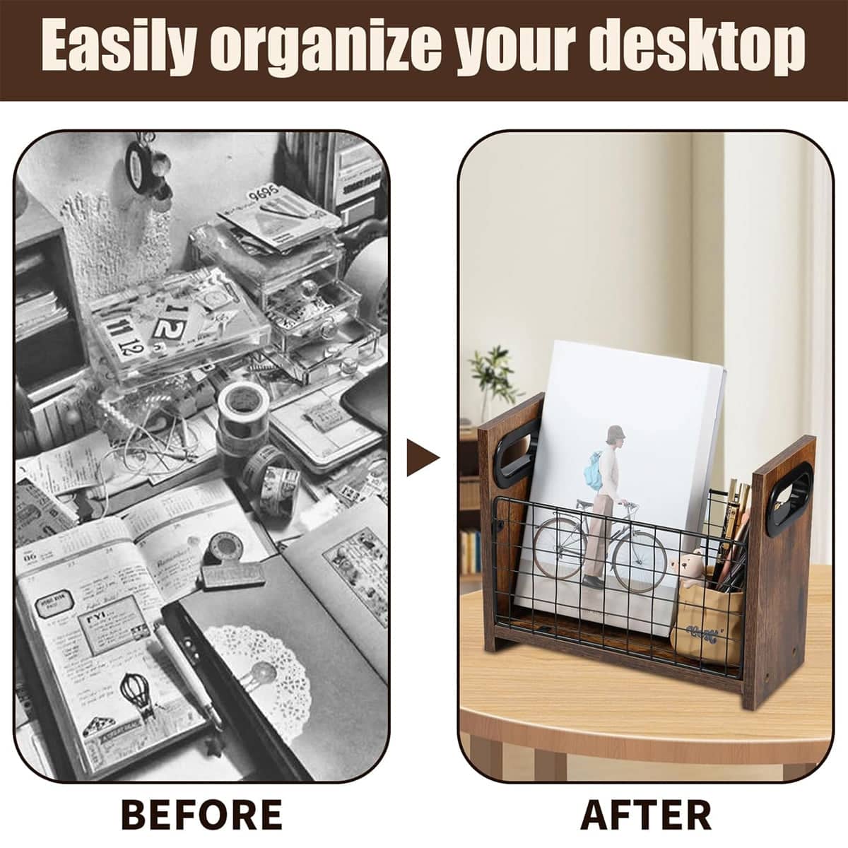 Wooden Desktop Storage Basket with Wire Grid - Rustic 29 x 12 x 23 cm - view 5