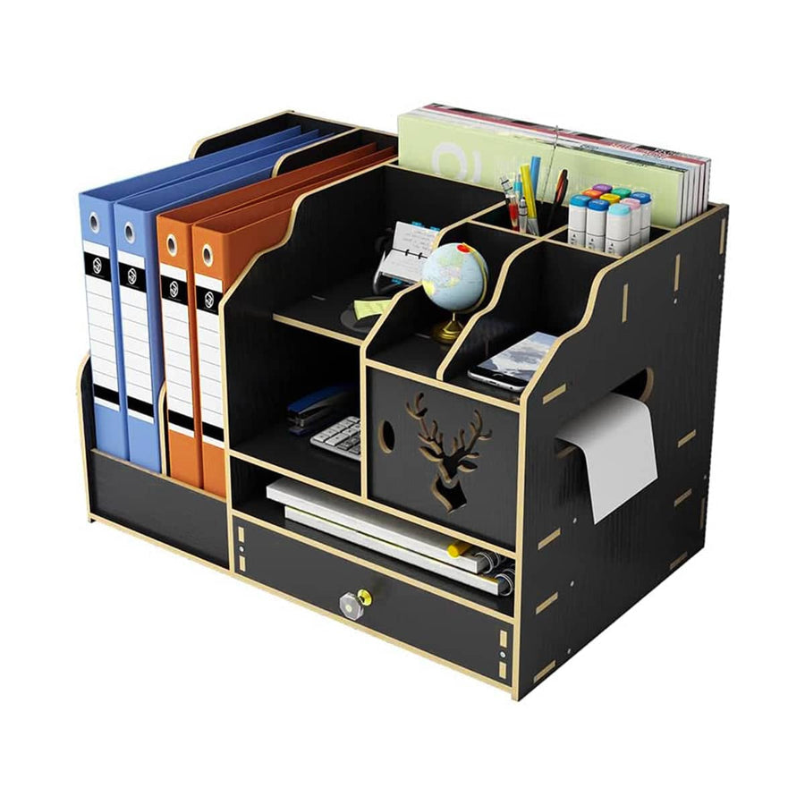 Wooden Desktop Storage Rack with File Slots and Drawer - Black