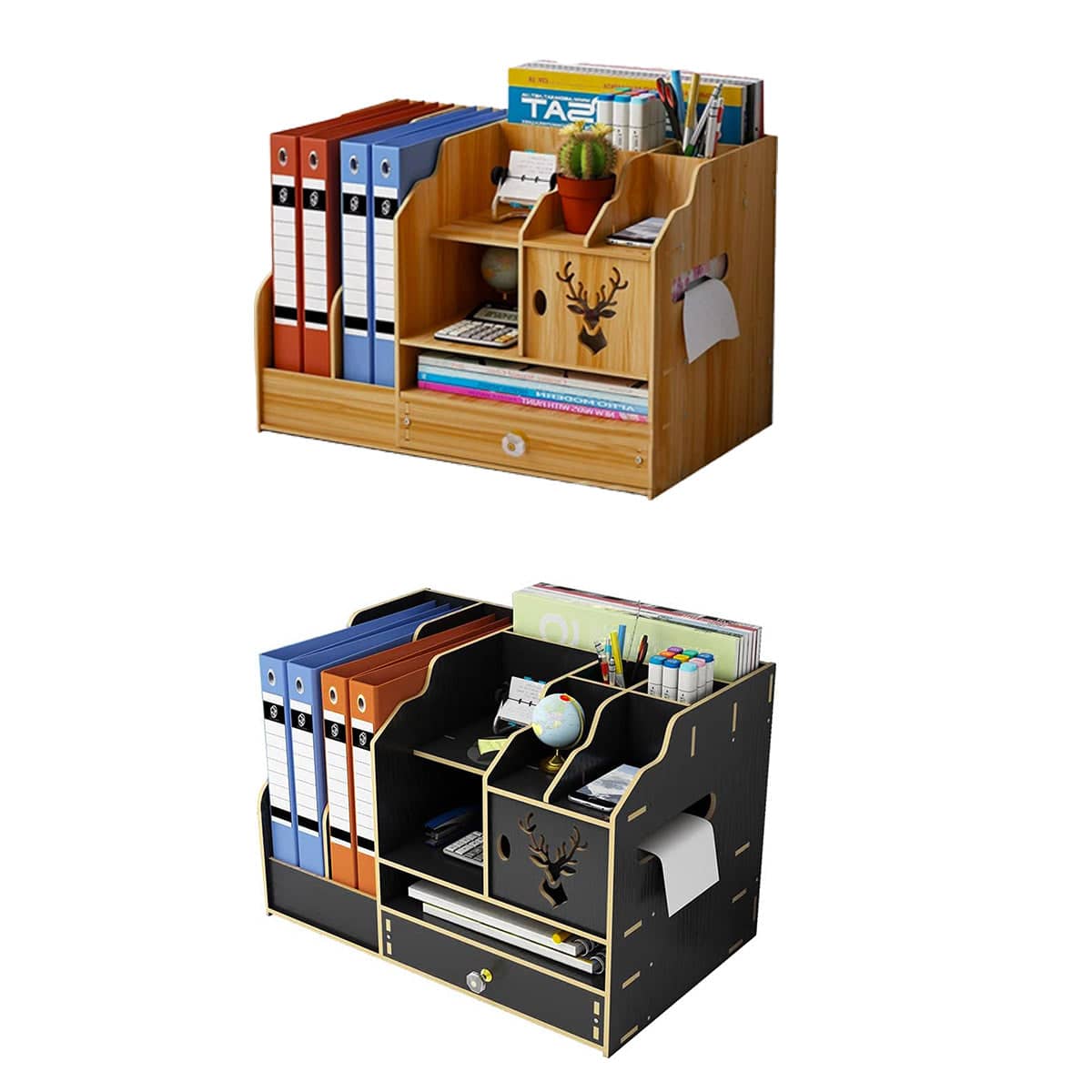 Wooden Desktop Storage Rack with File Slots and Drawer - Black - view 3