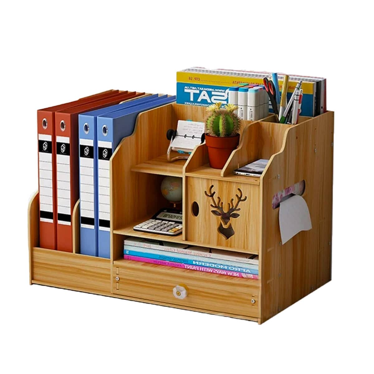 Wooden Desktop Storage Rack with File Slots and Drawer - Wood Grain