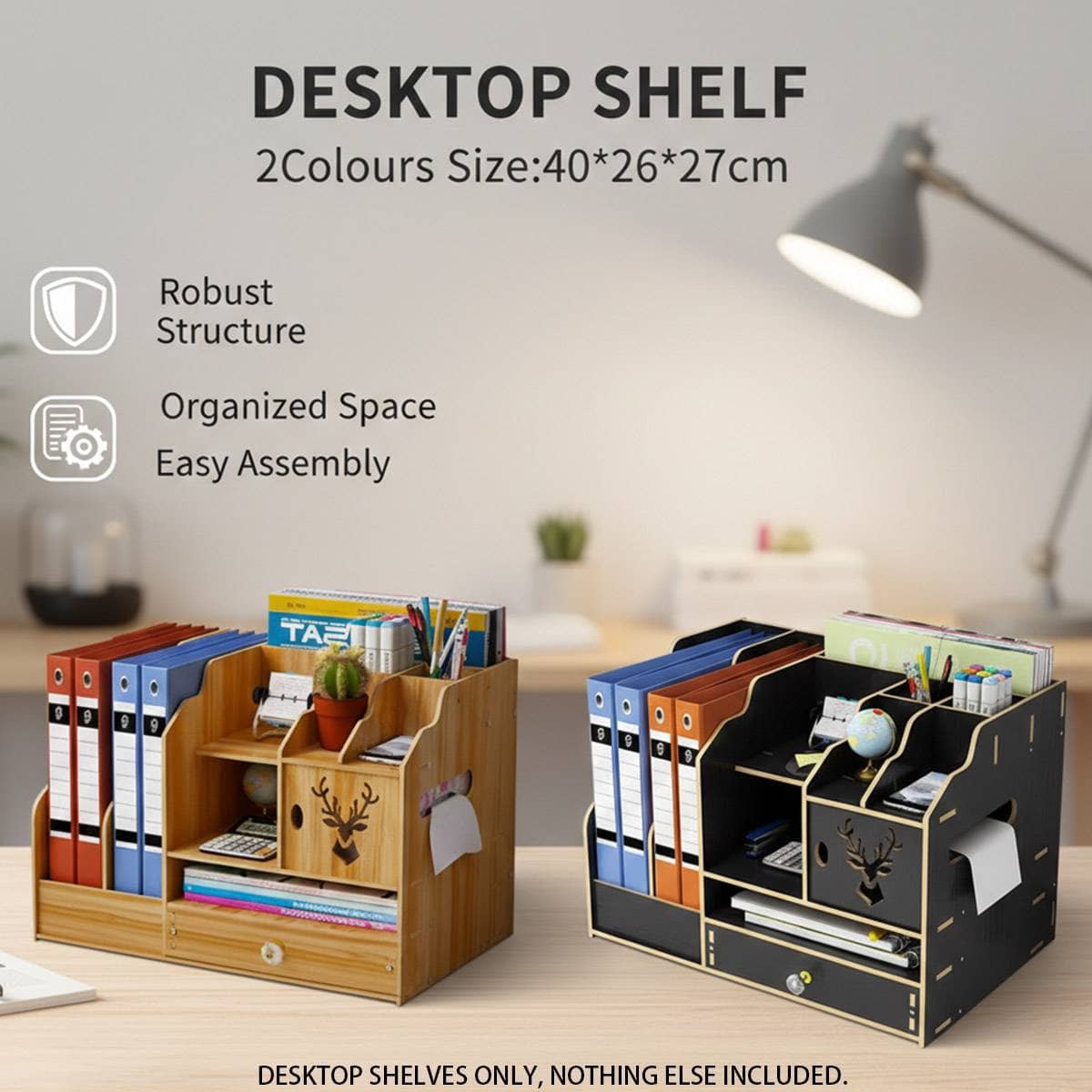 Wooden Desktop Storage Rack with File Slots and Drawer - Wood Grain - view 2