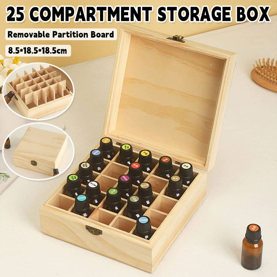Wooden Essential Oil Storage Box with 25 Compartments and Metal Latch