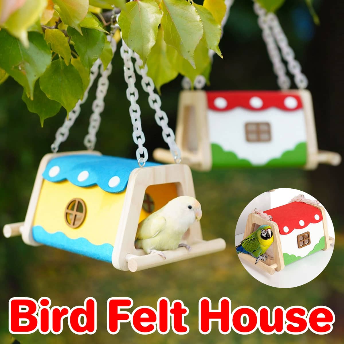 Wooden Felt Parrot Nest Hideaway with Standing Perch for Bird Cage - Red - view 2