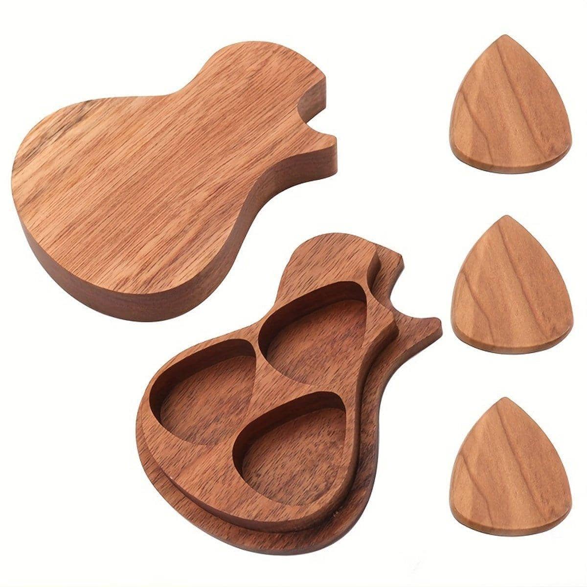 Wooden Guitar Pick Holder Plectrum Case, Compact Guitar-Shaped Storage Box - view 2