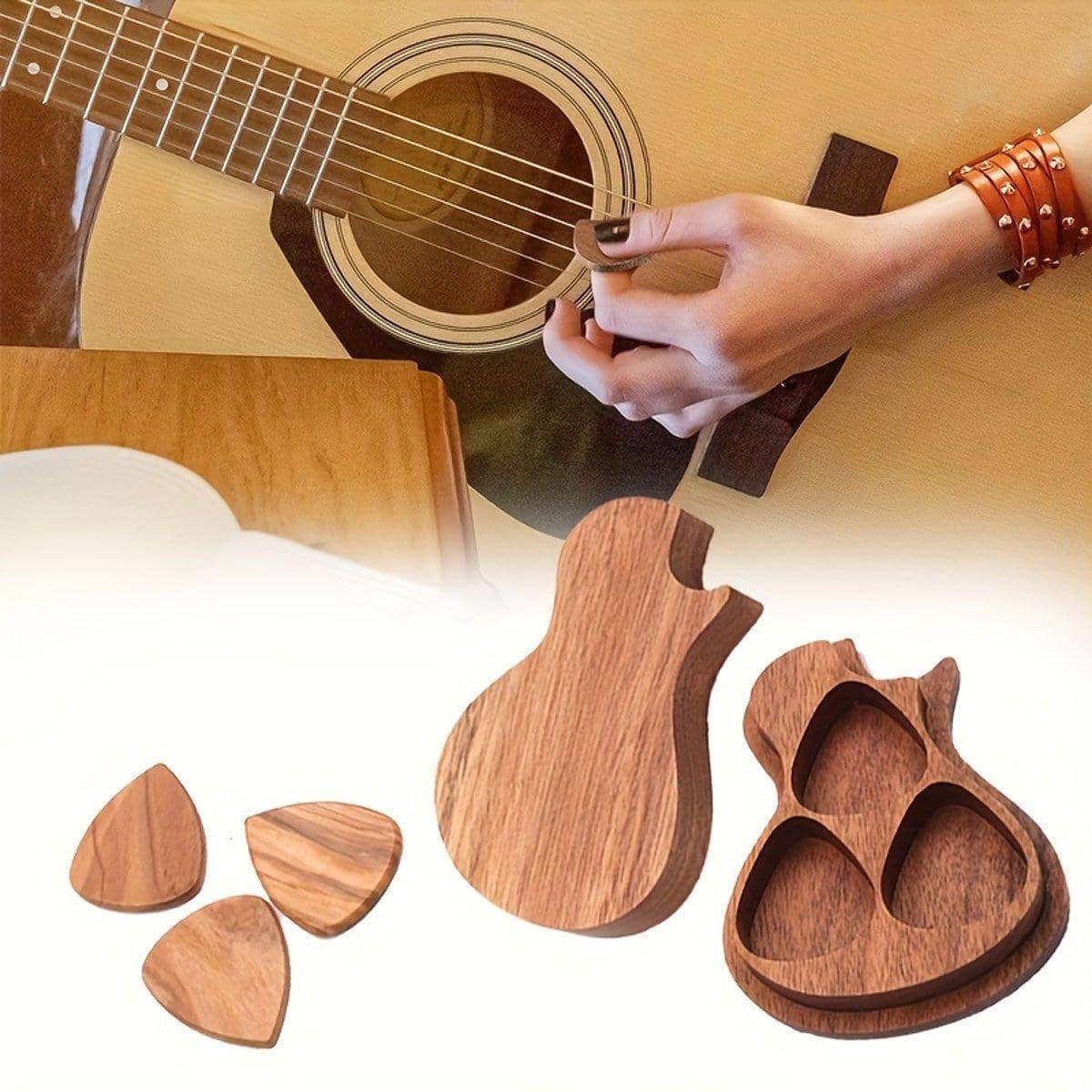 Wooden Guitar Pick Holder Plectrum Case, Compact Guitar-Shaped Storage Box - view 4