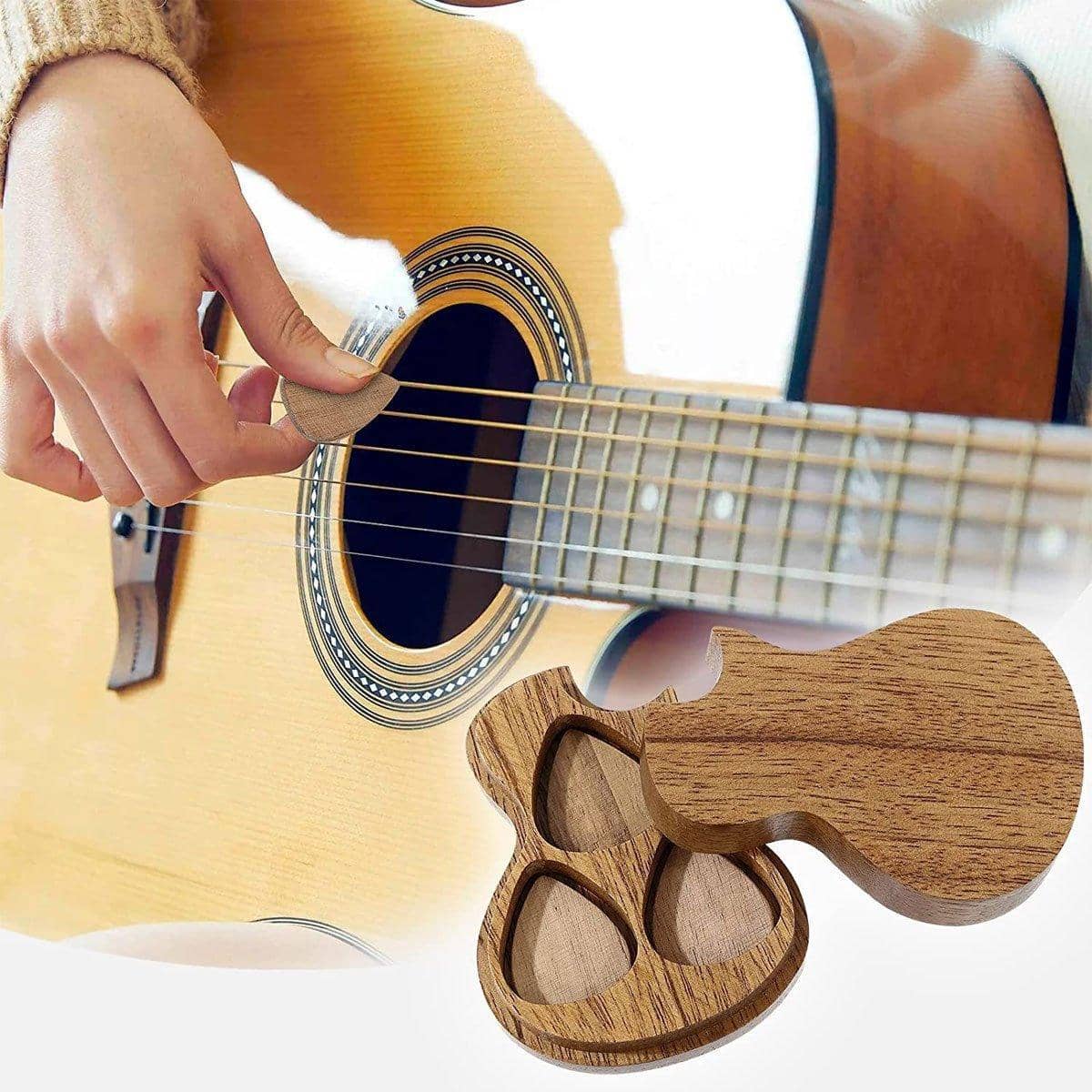 Wooden Guitar Pick Holder Plectrum Case, Compact Guitar-Shaped Storage Box - view 5