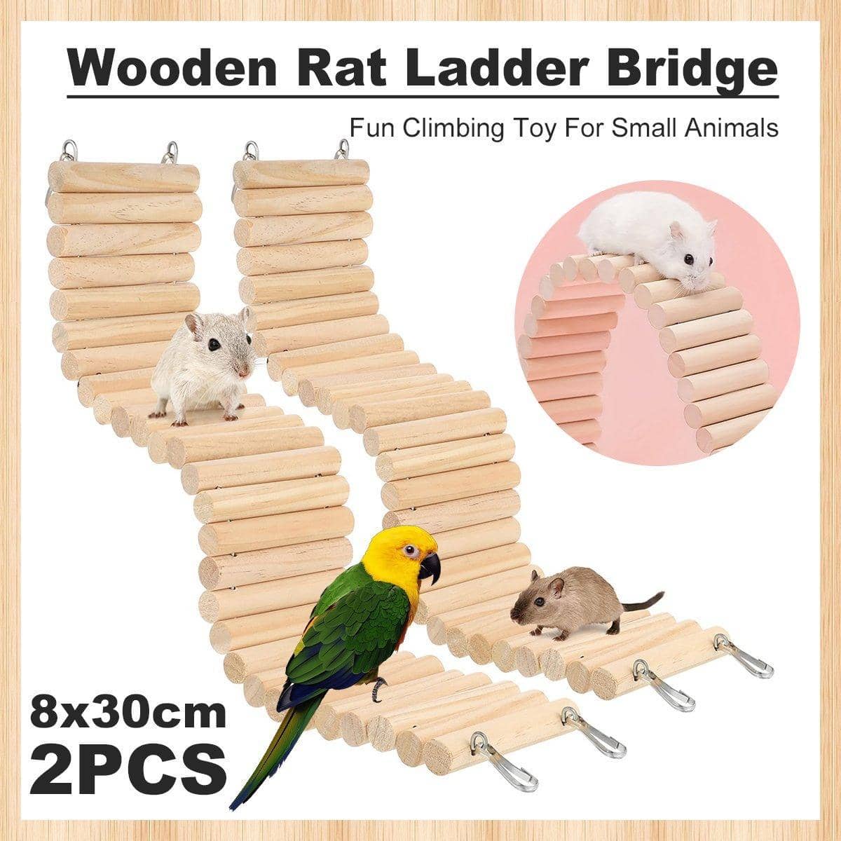 Wooden Hamster Bridges with Cage Hooks, 30 x 8 cm, Pack of 2