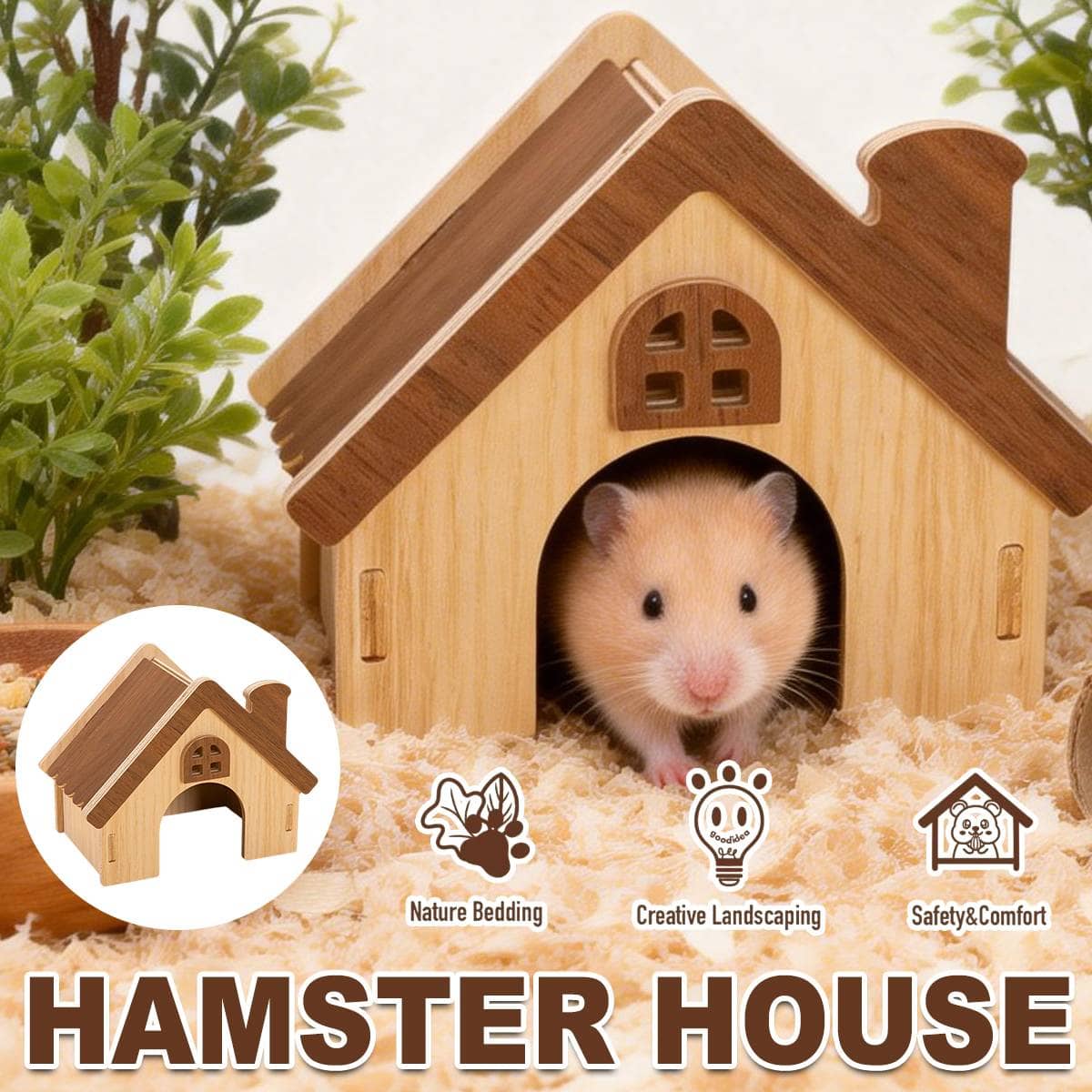 Wooden Hamster House Cottage with Chimney and Arched Door for Hamsters and Gerbils