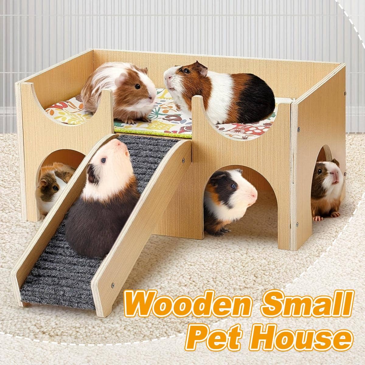 Wooden Hamster House with Stairs and Removable Mat, Small Pet Hut