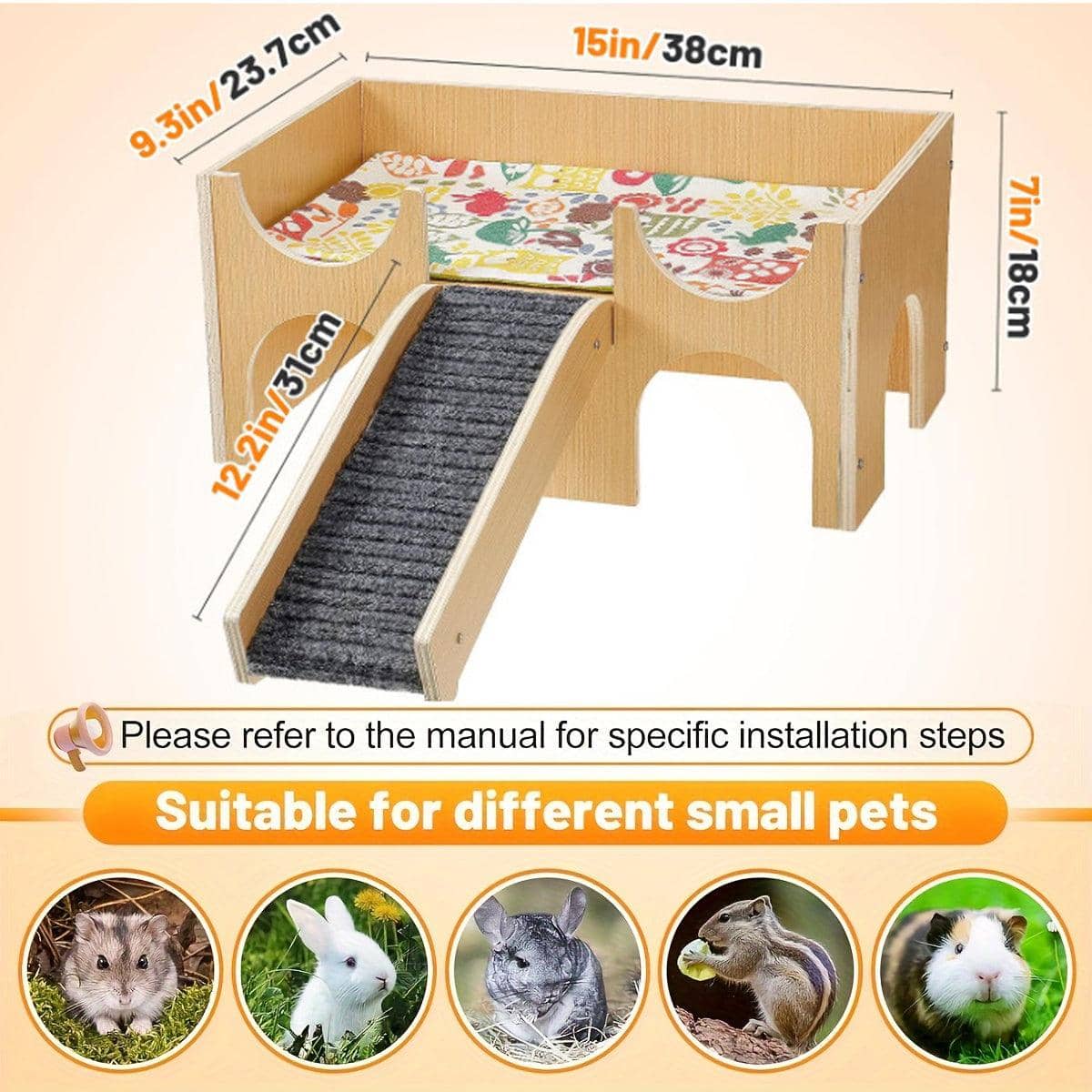 Wooden Hamster House with Stairs and Removable Mat, Small Pet Hut - view 3