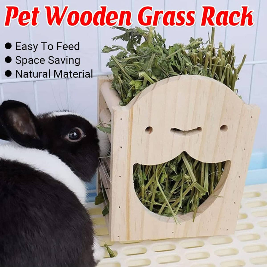 Wooden Hay Feeder with Food Bowl for Rabbits, Guinea Pigs and Small Pets