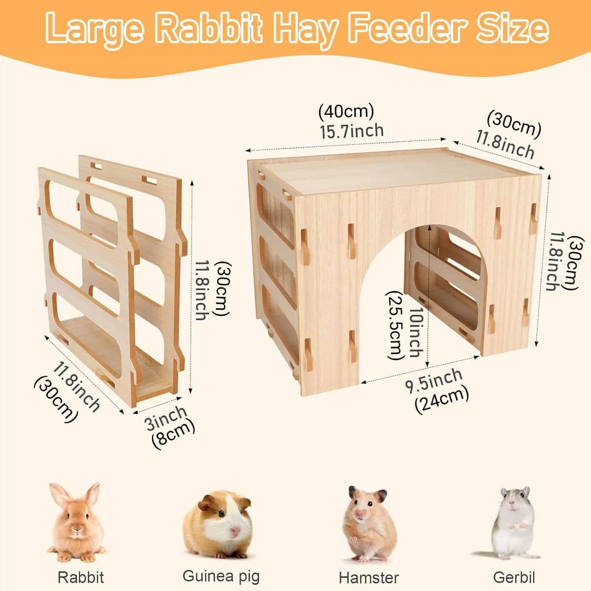 Wooden Hay Feeder Three in One with Hideout and Tunnel for Rabbits and Guinea Pigs - view 3