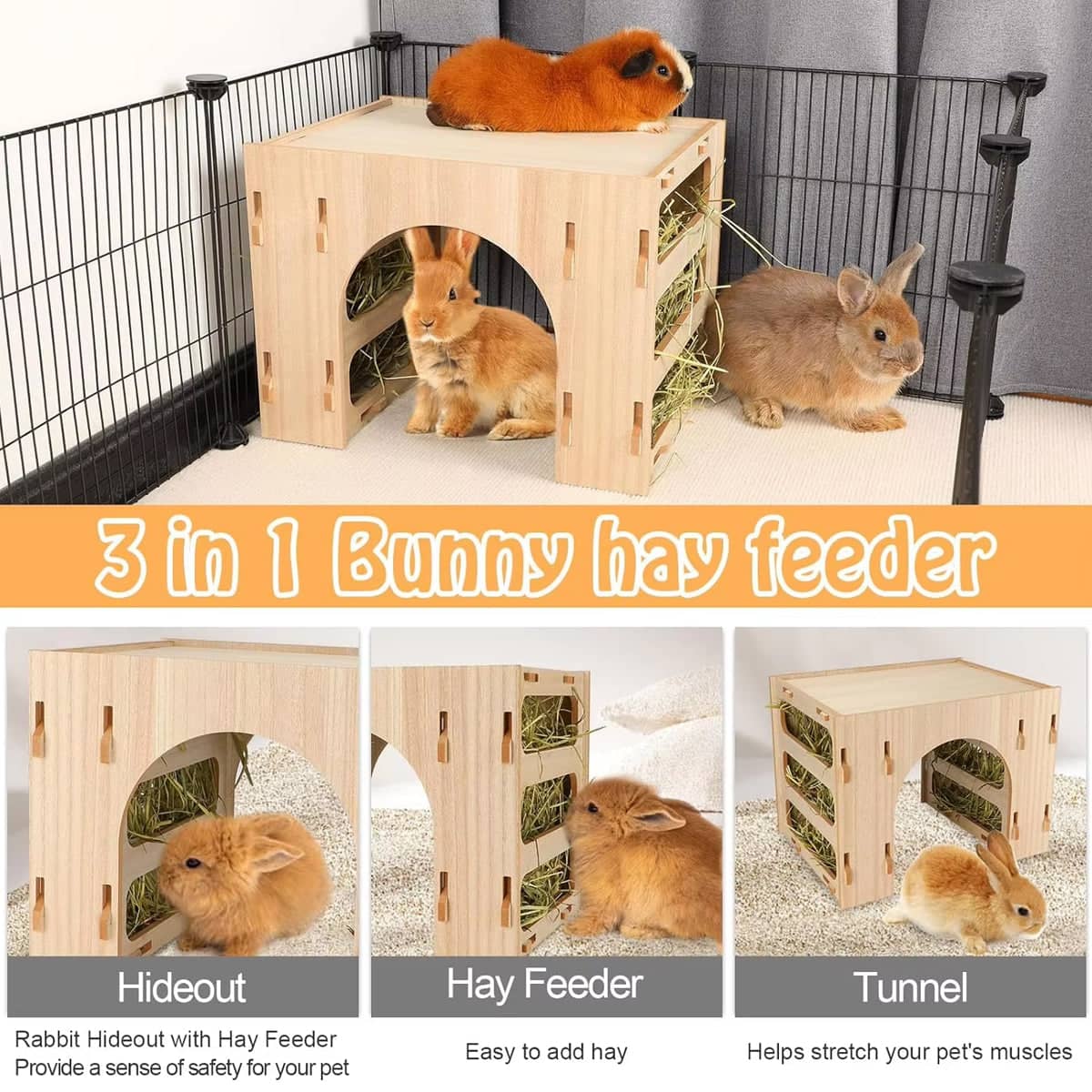 Wooden Hay Feeder Three in One with Hideout and Tunnel for Rabbits and Guinea Pigs - view 5