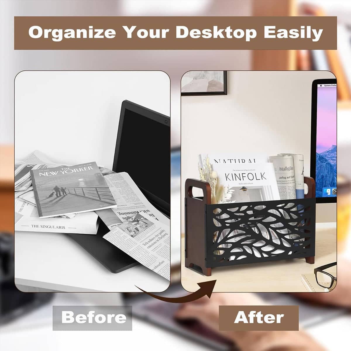 Wooden Magazine Rack Standing Book Storage Shelf for Home Office - Leaf Cutout - view 5