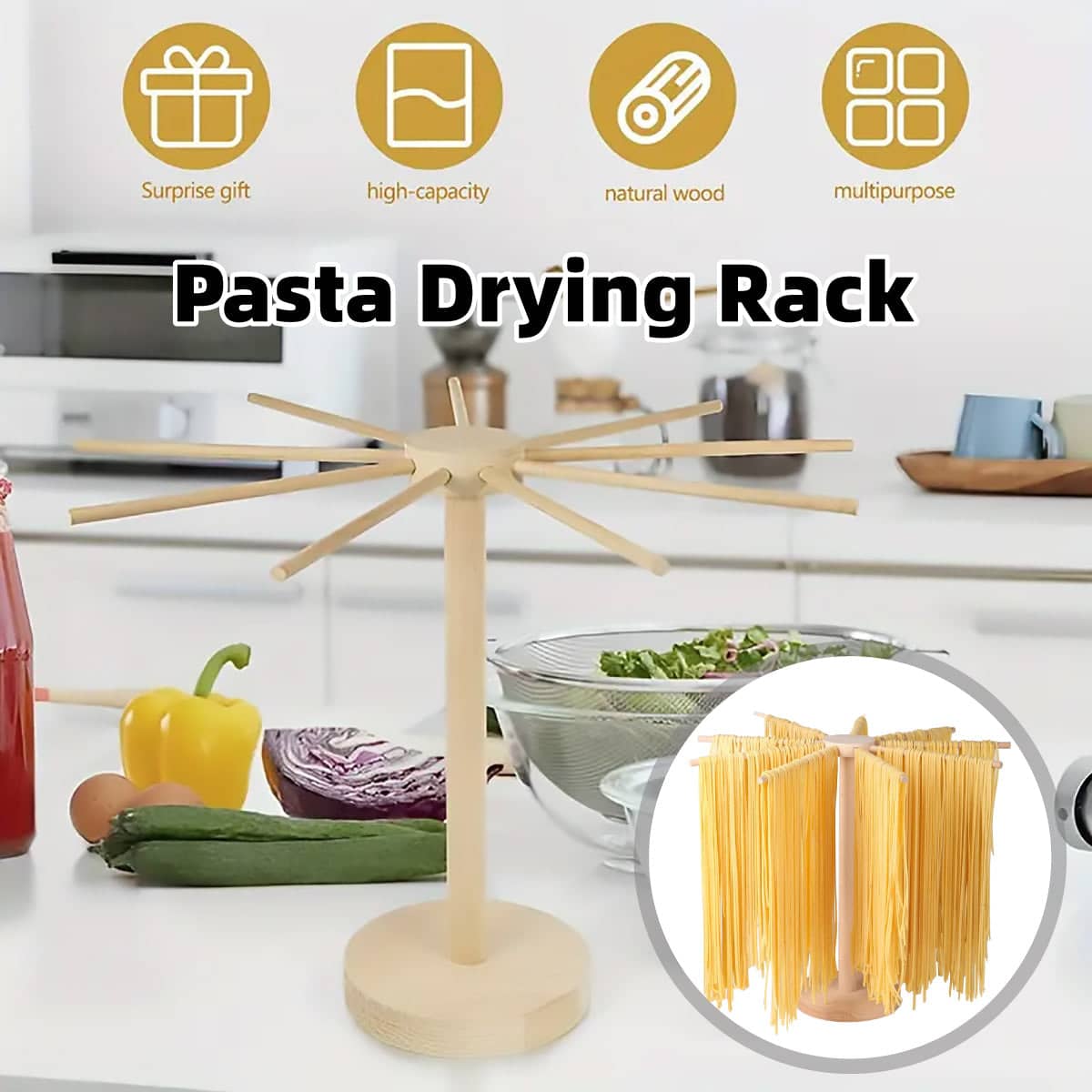 Wooden Noodle Drying Rack for Kitchen, Pasta Hanger in Natural Wood