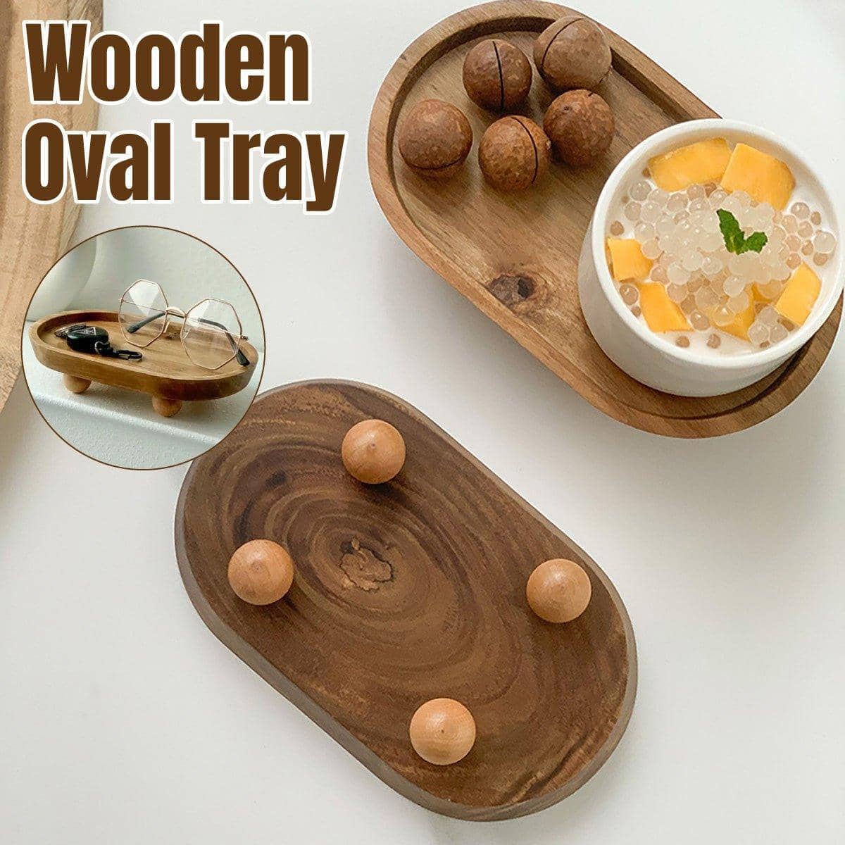 Wooden Oval Tray with Raised Feet for Serving, Keys and Small Items