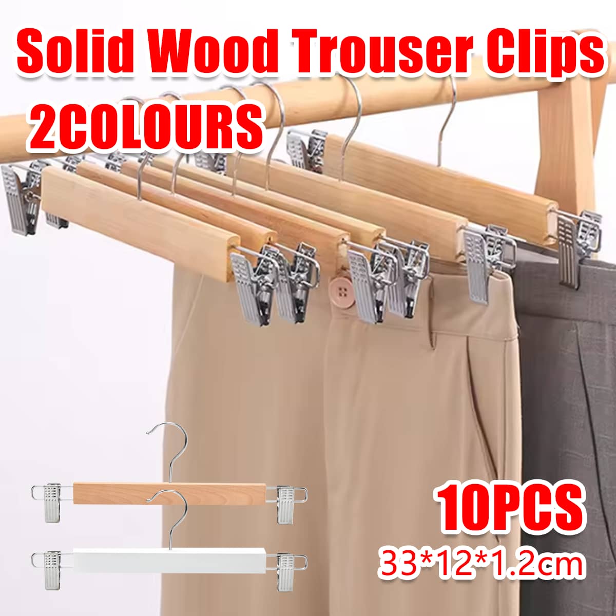 Wooden Pants Hangers with Adjustable Clips, Pack of 10 - White - view 2
