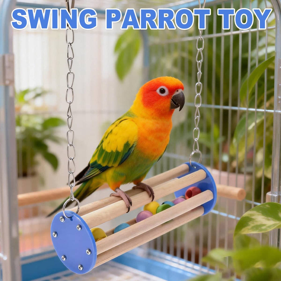 Wooden Parrot Swing Toy with Hanging Chains for Budgies, Cockatiels and Parrots