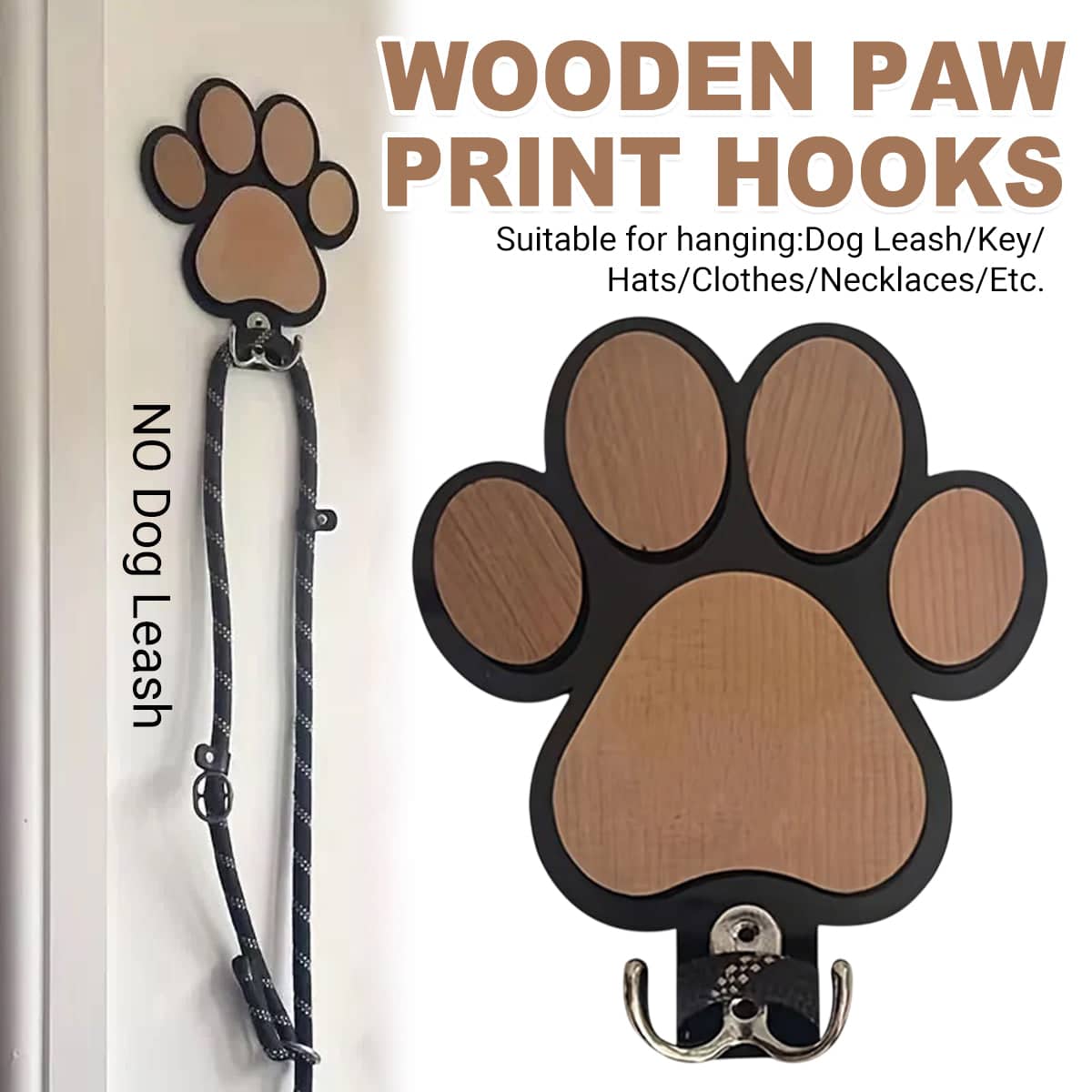 Wooden Paw Print Wall Hook for Dog Leash, Keys and Coats, 16 x 16 cm