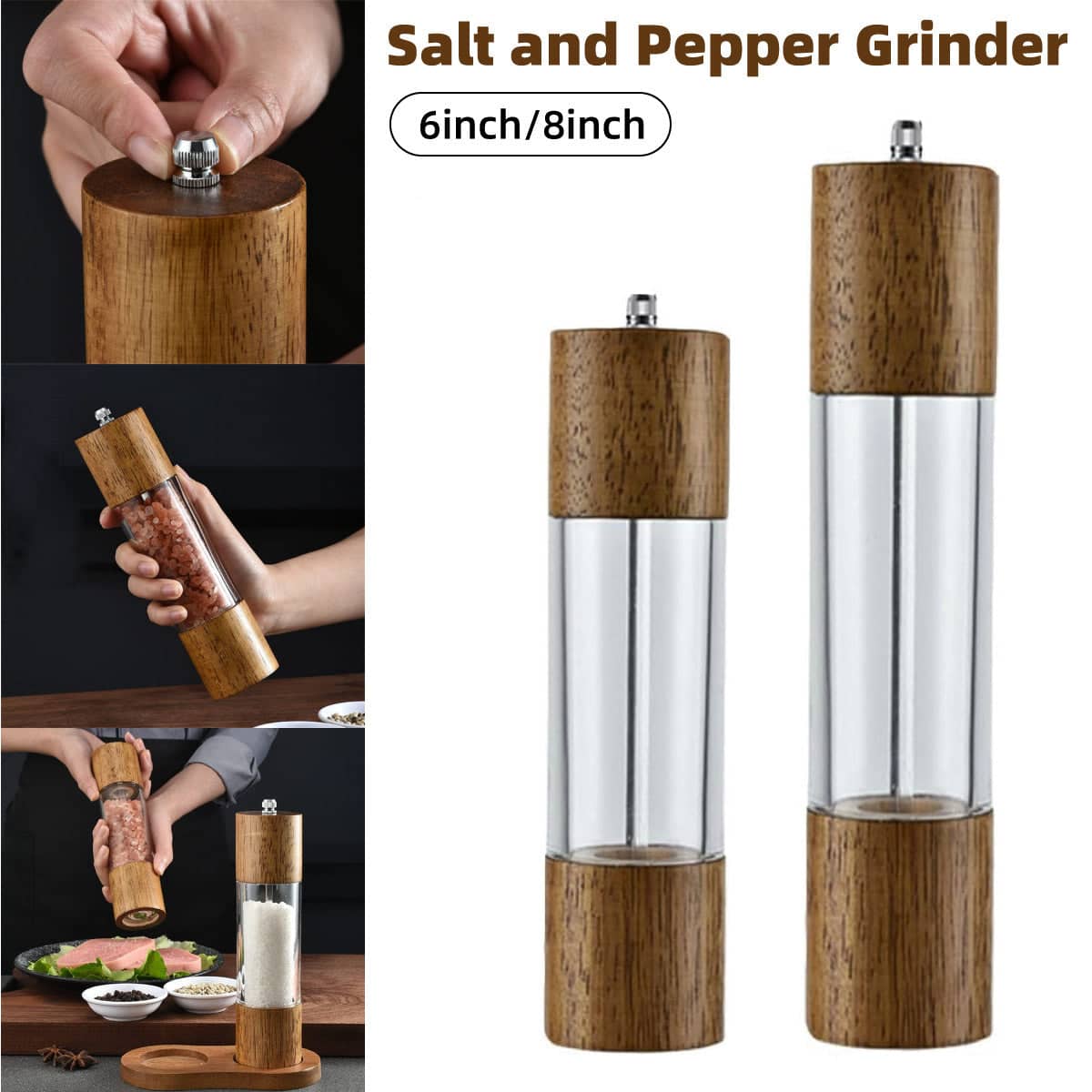 Wooden Pepper and Salt Mill with Adjustable Coarseness - 8 Inch (21.5 cm) - view 2
