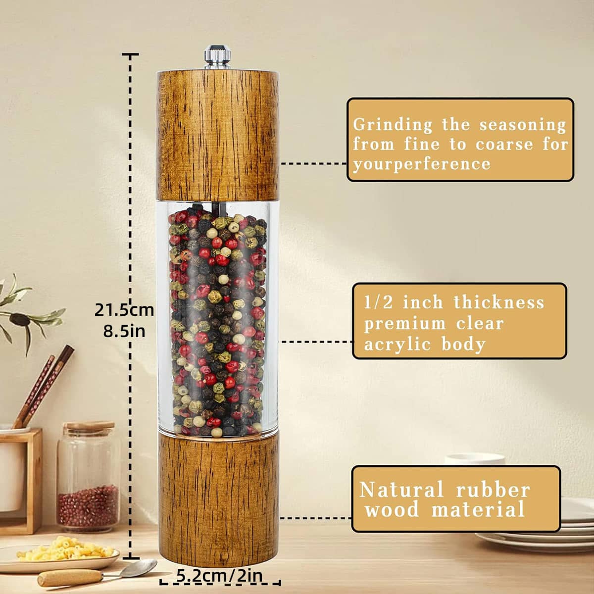 Wooden Pepper and Salt Mill with Adjustable Coarseness - 8 Inch (21.5 cm) - view 5