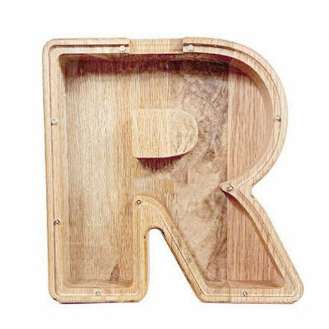 Wooden Piggy Bank Coin Saving Money Box - Letter R