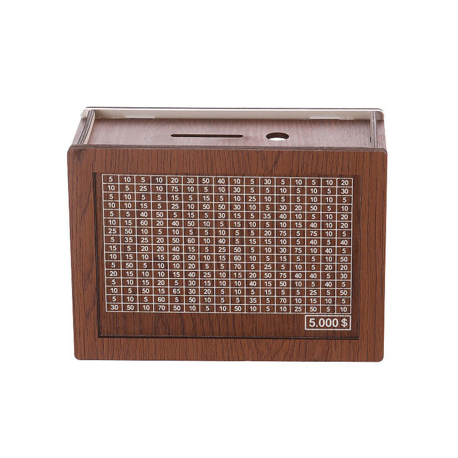 Wooden Piggy Bank Savings Box with Counting Grid - 5000 Dollar Goal