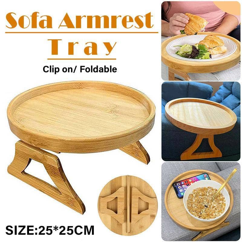 Wooden Sofa Armrest Tray with Foldable Legs, 25 cm Diameter