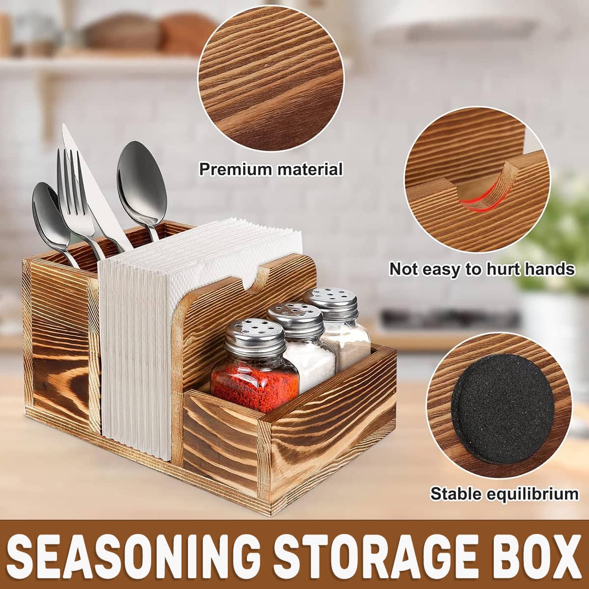 Wooden Spice Storage Box Desktop Organiser for Kitchen Countertop
