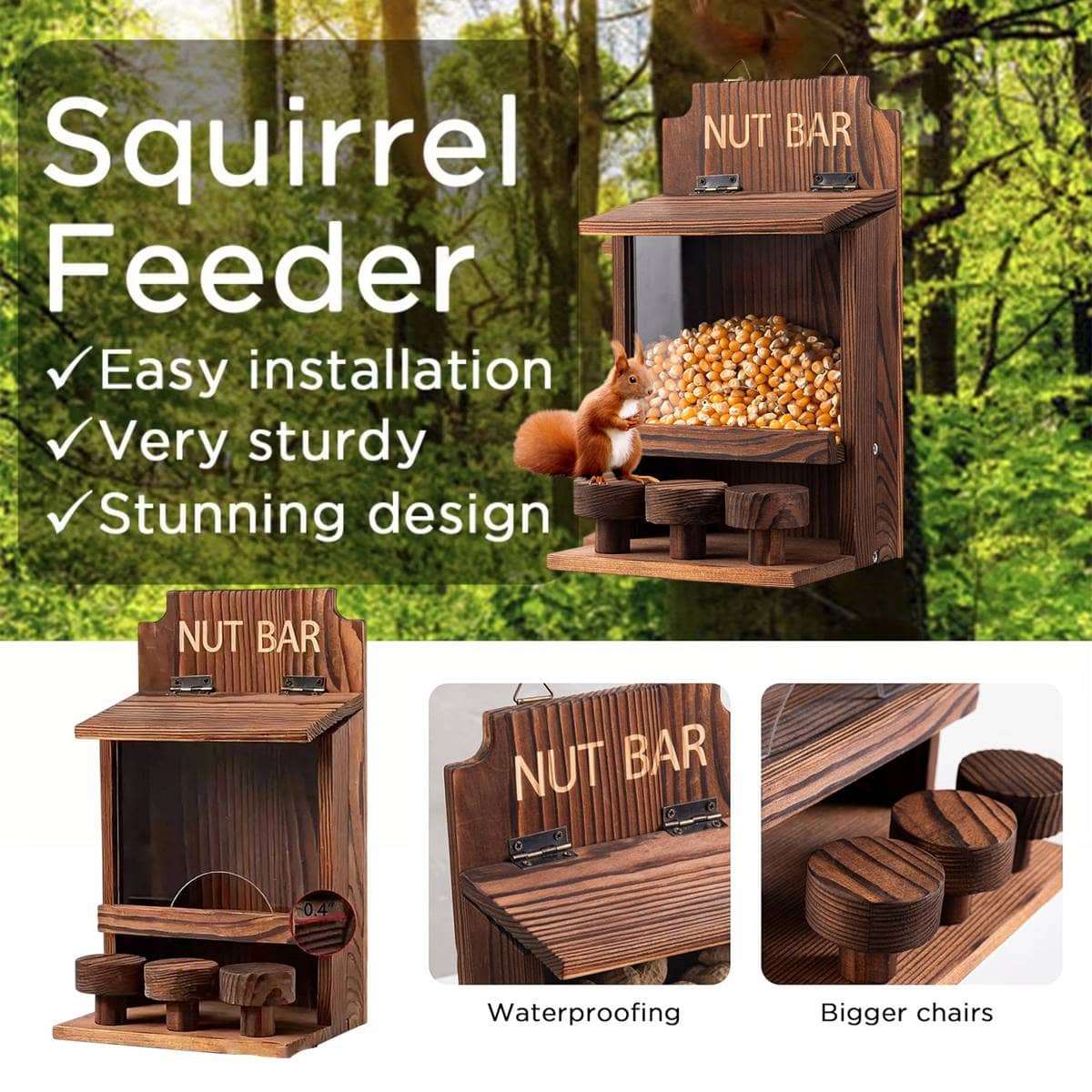 Wooden Squirrel Feeder with Clear Window and Three Perch Stools