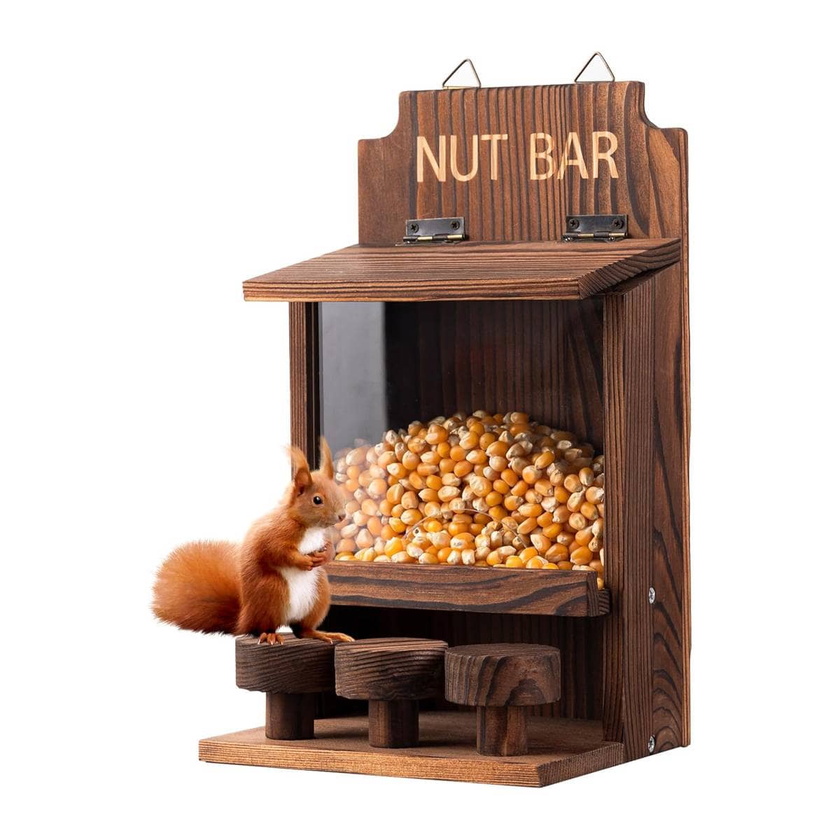 Wooden Squirrel Feeder with Clear Window and Three Perch Stools - view 2