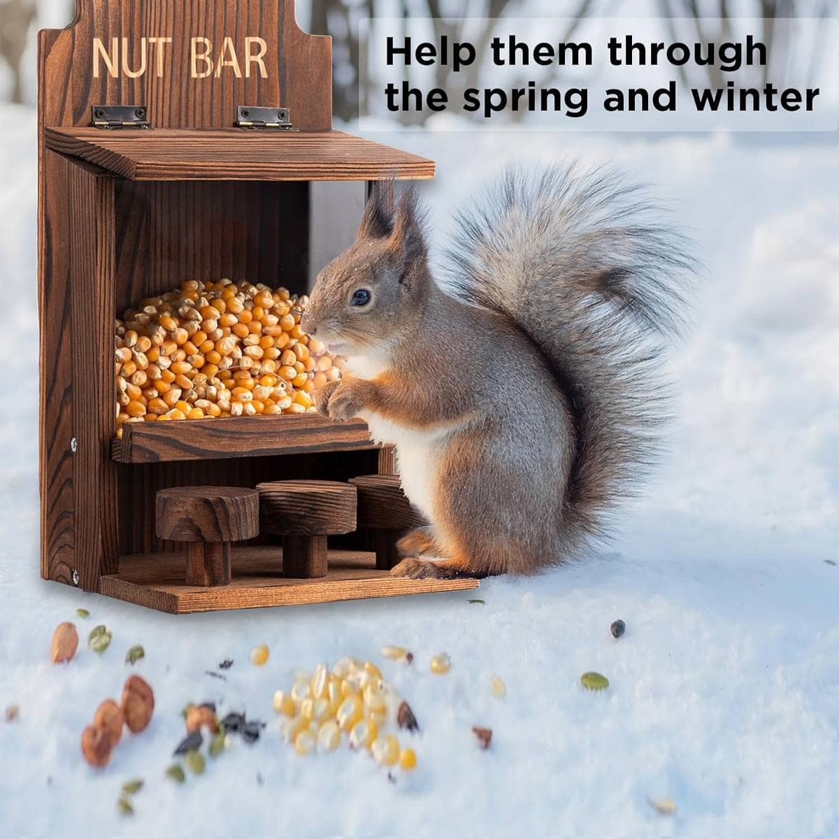 Wooden Squirrel Feeder with Clear Window and Three Perch Stools - view 4
