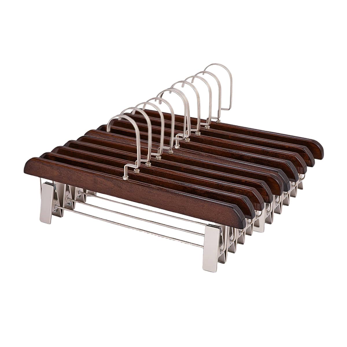 Wooden Trouser Hangers with Adjustable Clips, Pack of 10 - Dark Brown