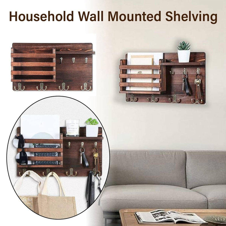Wooden Wall Mounted Hanging Rack Storage Shelf with Hooks for Living Room Entrance