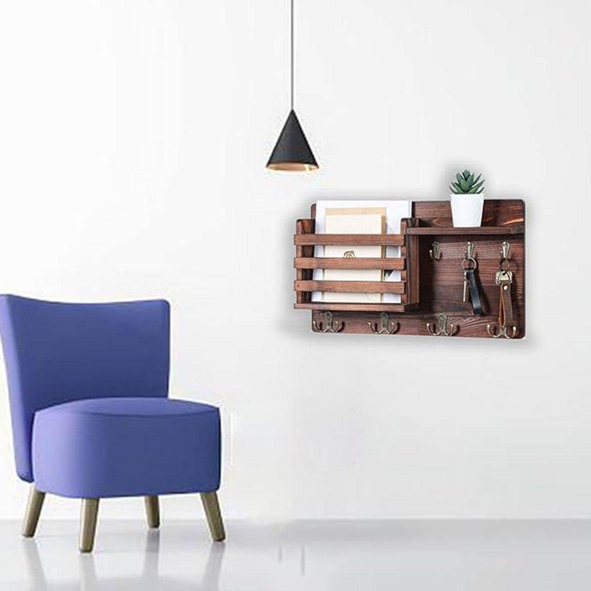 Wooden Wall Mounted Hanging Rack Storage Shelf with Hooks for Living Room Entrance - view 4