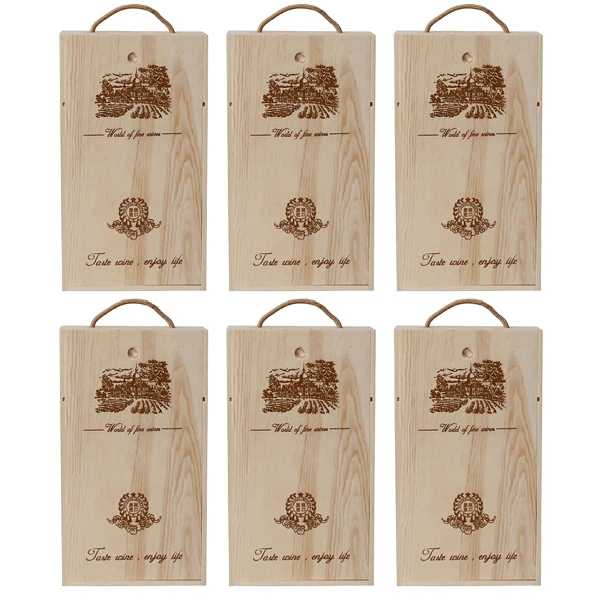 Wooden Wine Gift Boxes, Pack of 6 - Double Bottle, Pull-Out Lid