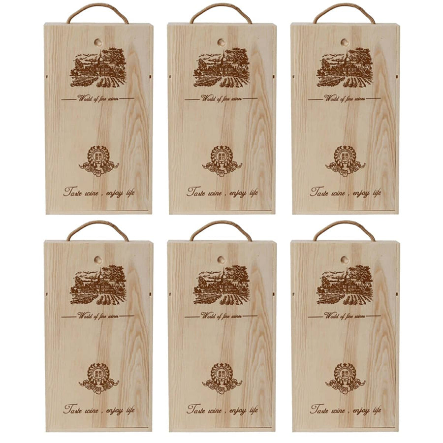 Wooden Wine Gift Boxes, Pack of 6 - Double Bottle, Pull-Out Lid